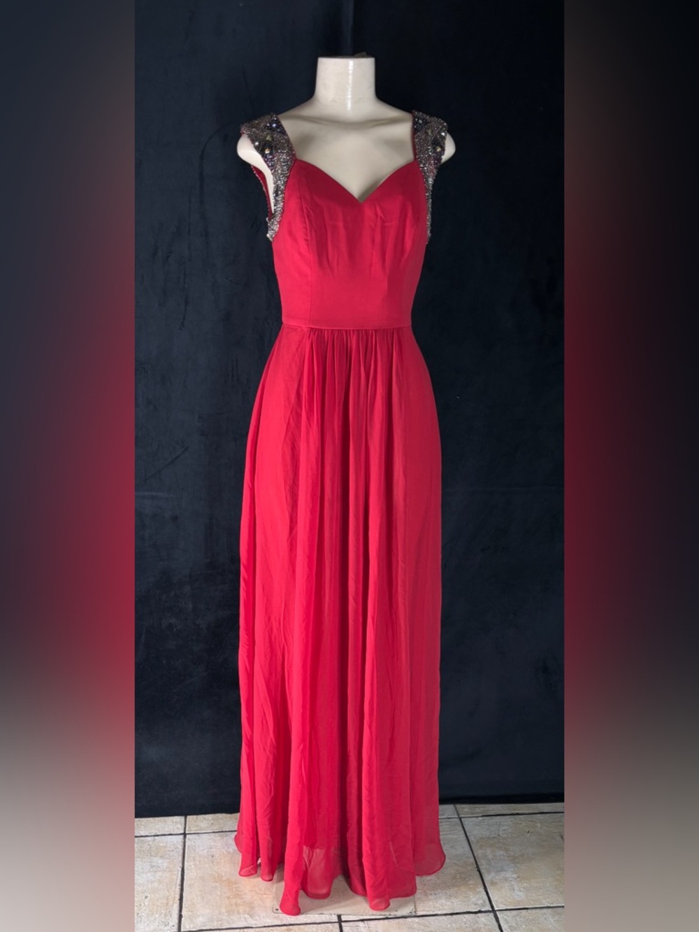 Red Beaded-Shoulder Maxi Dress